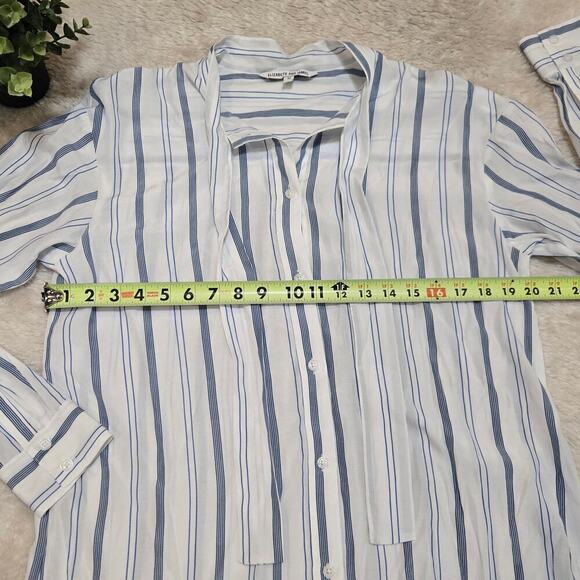 Elizabeth and James Blue and White Striped Tie Neck Button Up Blouse, Medium - Picture 5 of 8